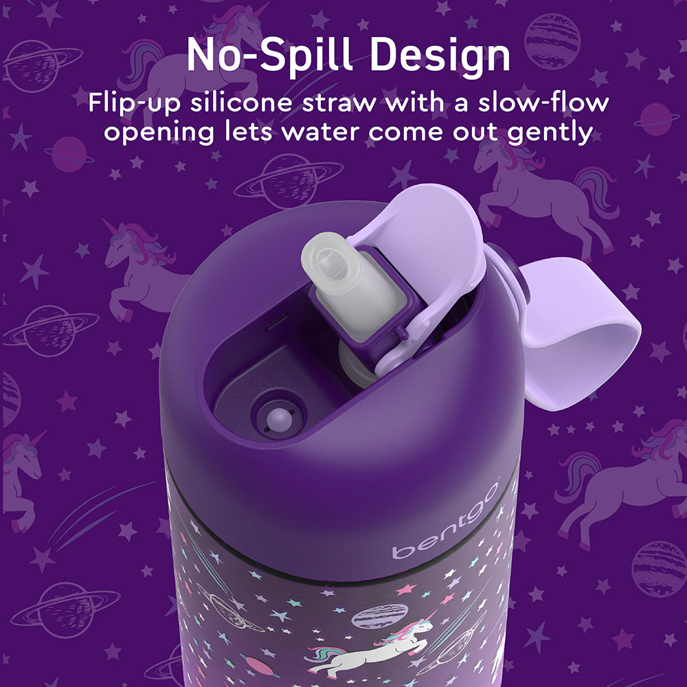 Bentgo® Kids Prints Water Bottle (2-Pack) - Unicorn/Lavender Galaxy | No-Spill Design - Flip-Up Silicone Straw With A Slow-Flow Opening Lets Water Come Out Gently