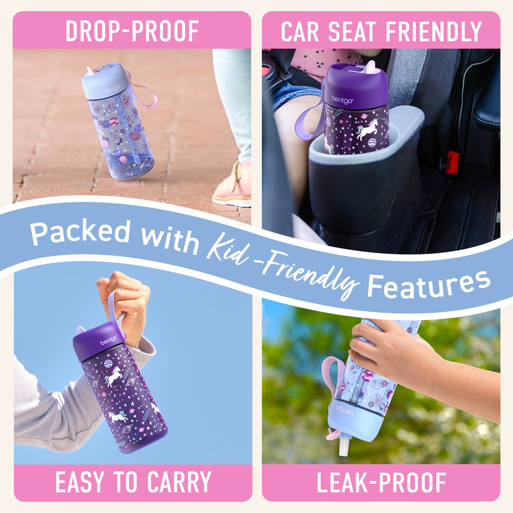 Bentgo® Kids Prints Water Bottle (2-Pack) - Unicorn/Lavender Galaxy | Made with Kid-Friendly Features - Leak-Proof, Drop-Proof, Car Seat Friendly, And Easy to Carry