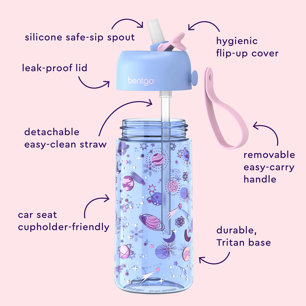 Bentgo® Kids Prints Water Bottle (2-Pack) - Unicorn/Lavender Galaxy | Hygienic Flip-Uo Cover, Silicone Safe-Sip Spout, Leak-Proof Lid, Detachable Easy-Clean Straw, Durable Tritan Base, And Removable Easy-Carry Handle