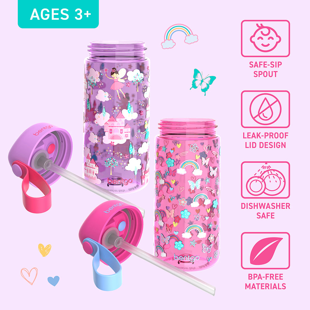 Bentgo® Kids Prints Water Bottle (2-Pack) - Rainbows Butterflies/Fairies | Safe-Sip Spout, Leak-Proof Lid, Dishwasher Safe, And Made With BPA-Free Materials