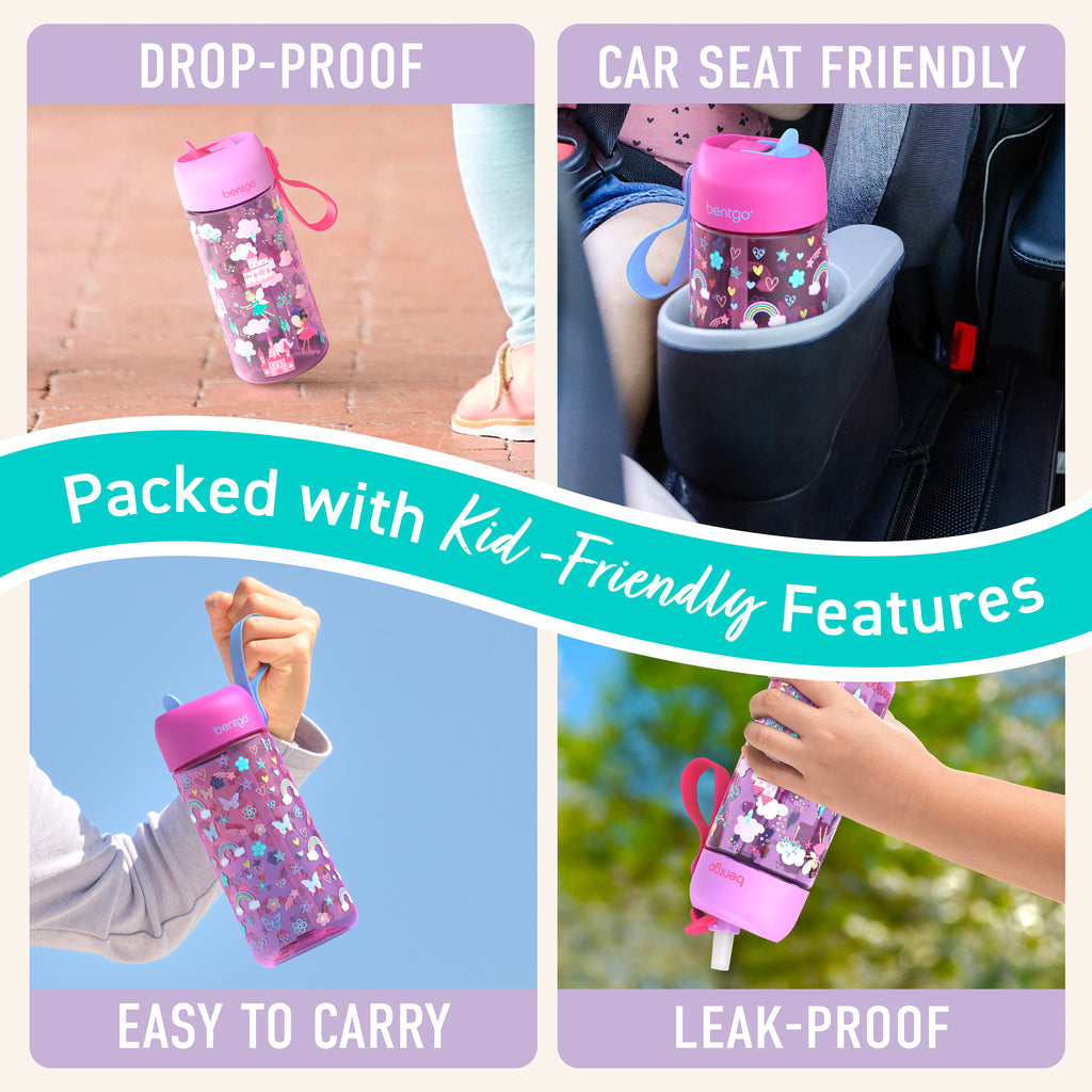 Bentgo® Kids Prints Water Bottle (2-Pack) - Rainbows Butterflies/Fairies | Made with Kid-Friendly Features - Leak-Proof, Drop-Proof, Car Seat Friendly, And Easy to Carry