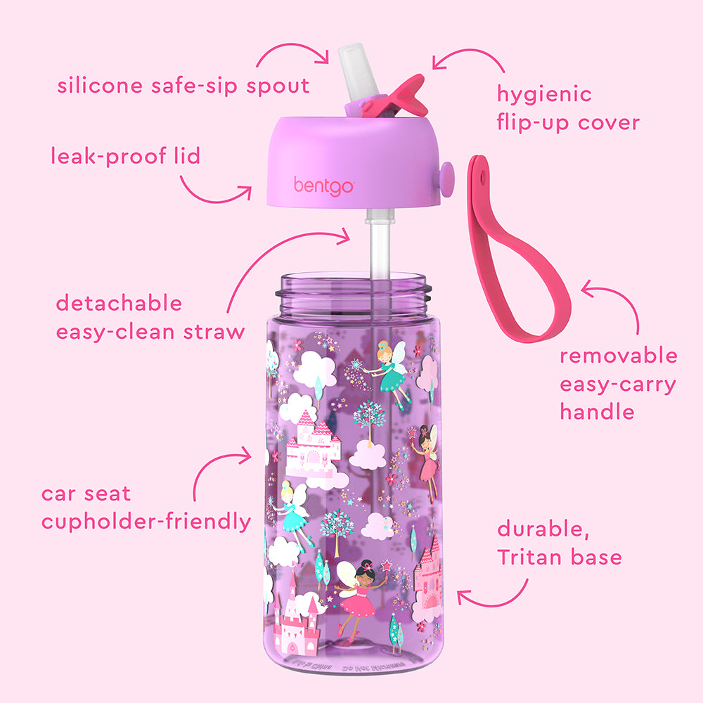 Bentgo® Kids Prints Water Bottle (2-Pack) - Rainbows Butterflies/Fairies | Hygienic Flip-Uo Cover, Silicone Safe-Sip Spout, Leak-Proof Lid, Detachable Easy-Clean Straw, Durable Tritan Base, And Removable Easy-Carry Handle