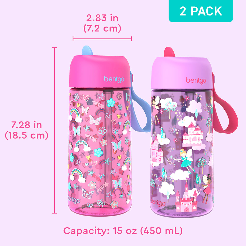 Bentgo® Kids Prints Water Bottle (2-Pack) - Rainbows Butterflies/Fairies | Dimensions + What’s In The Box