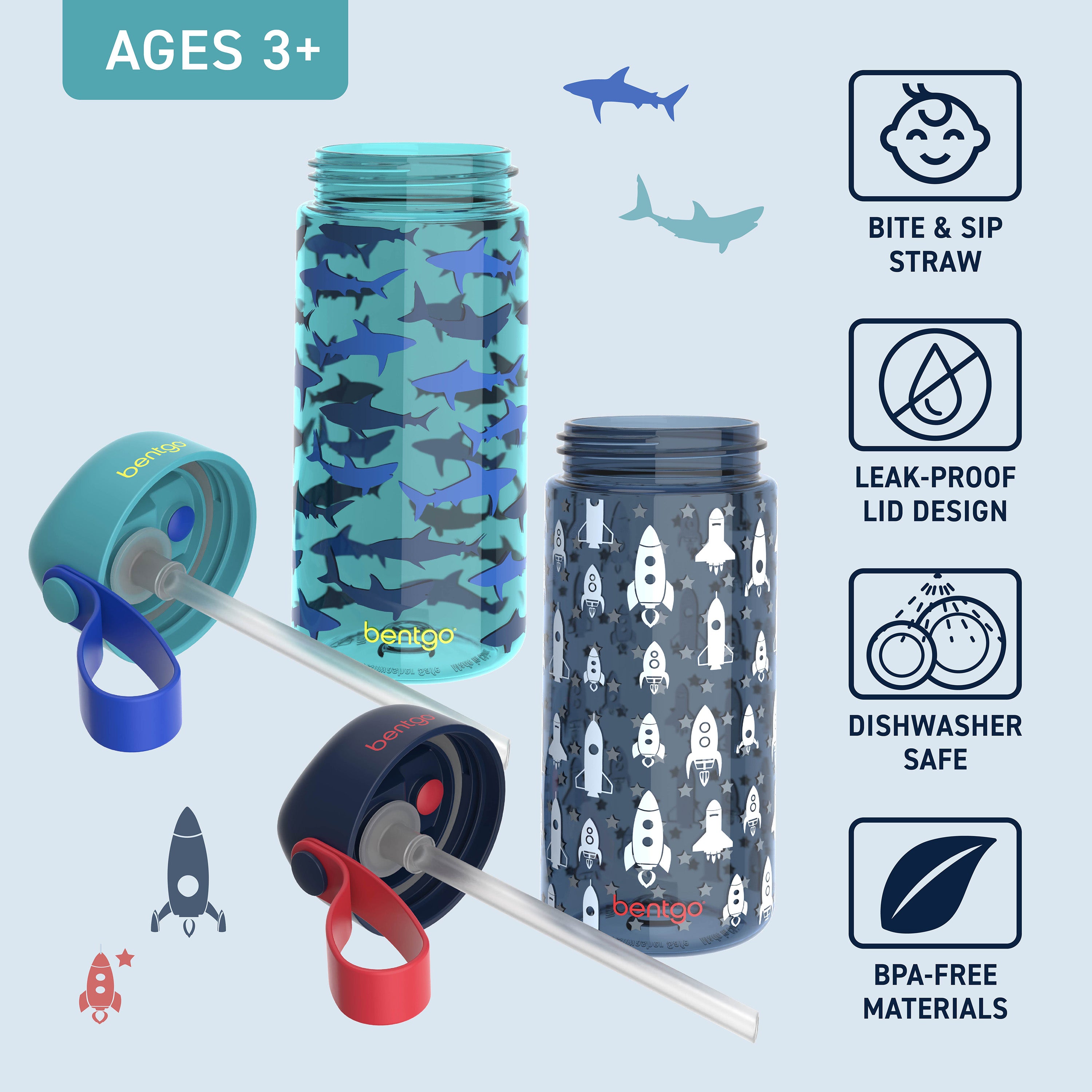 Bentgo® Kids Prints Water Bottle (2-Pack) - Rocket/Shark | Bite & Sip Straw, Leak-Proof Lid, Dishwasher Safe, And Made With BPA-Free Materials