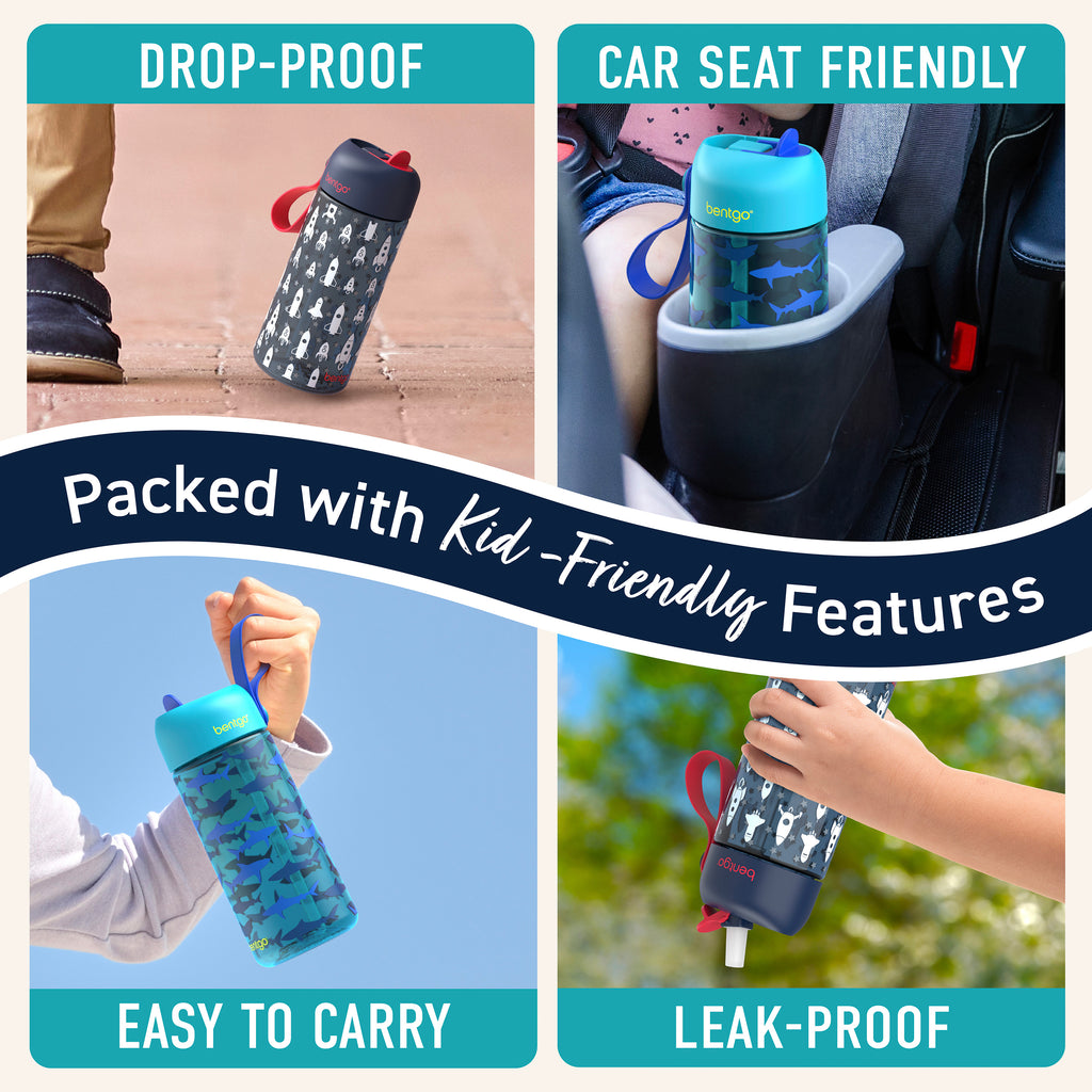 Bentgo® Kids Prints Water Bottle (2-Pack) - Rocket/Shark | Made with Kid-Friendly Features - Leak-Proof, Drop-Proof, Car Seat Friendly, And Easy to Carry