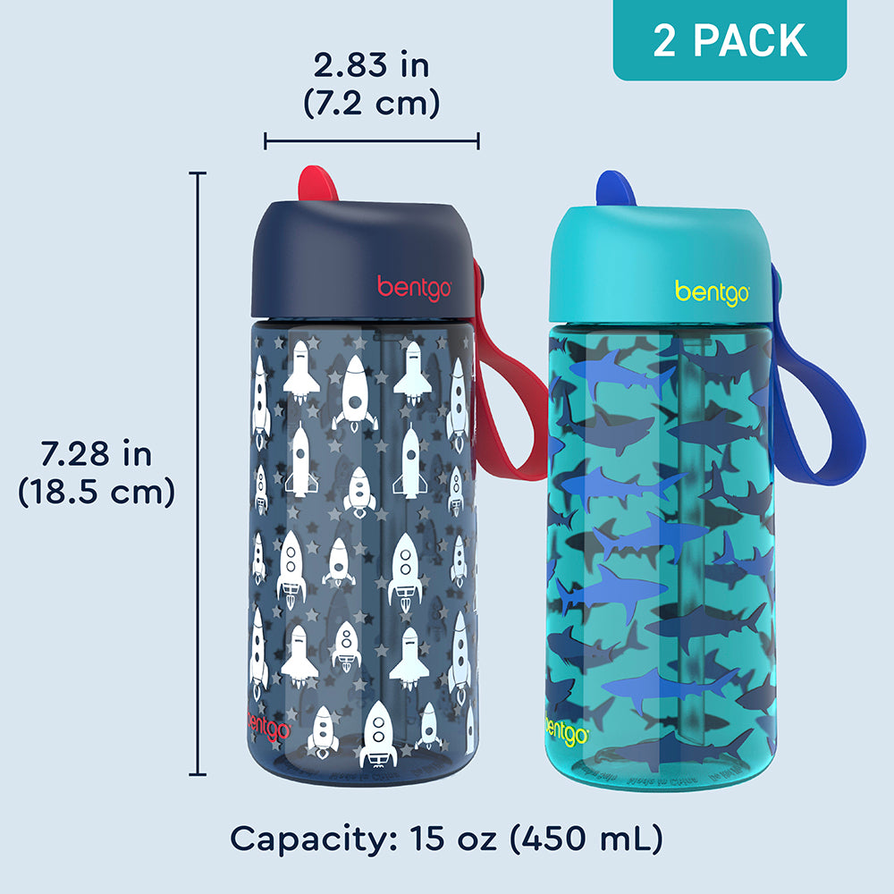 Bentgo® Kids Prints Water Bottle (2-Pack) - Rocket/Shark | Dimensions + What’s In The Box