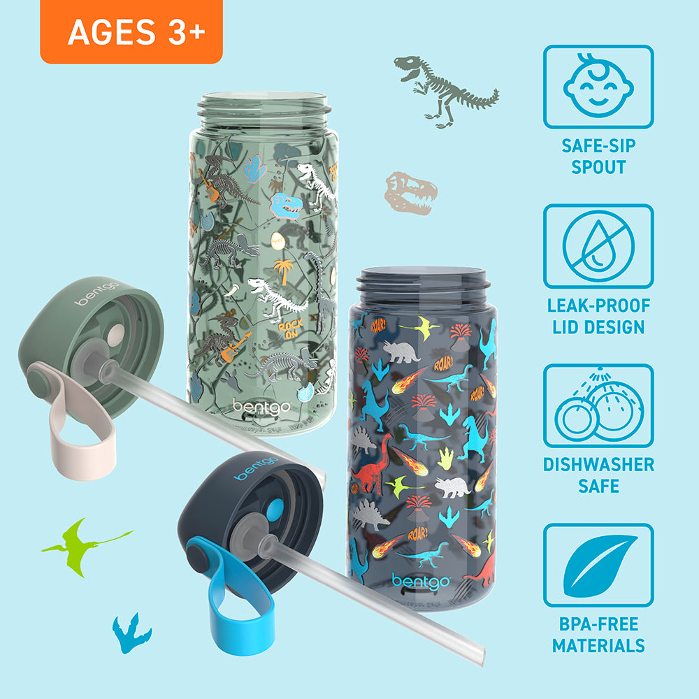 Bentgo® Kids Prints Water Bottle (2-Pack) - Dinosaur/Dino Fossils | Safe-Sip Spout, Leak-Proof Lid, Dishwasher Safe, And Made With BPA-Free Materials