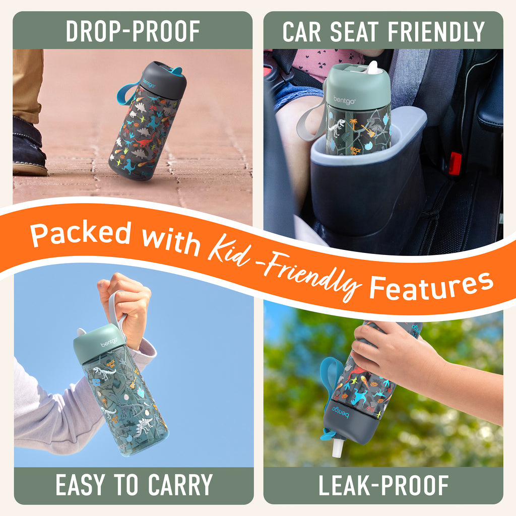 Bentgo® Kids Prints Water Bottle (2-Pack) - Dinosaur/Dino Fossils | Made with Kid-Friendly Features - Leak-Proof, Drop-Proof, Car Seat Friendly, And Easy to Carry