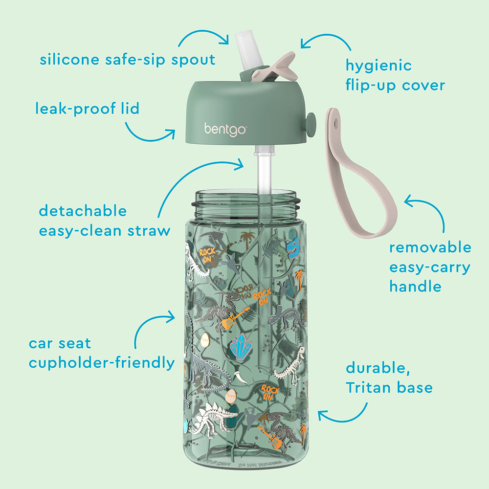 Bentgo® Kids Prints Water Bottle (2-Pack) - Dinosaur/Dino Fossils | Hygienic Flip-Uo Cover, Silicone Safe-Sip Spout, Leak-Proof Lid, Detachable Easy-Clean Straw, Durable Tritan Base, And Removable Easy-Carry Handle