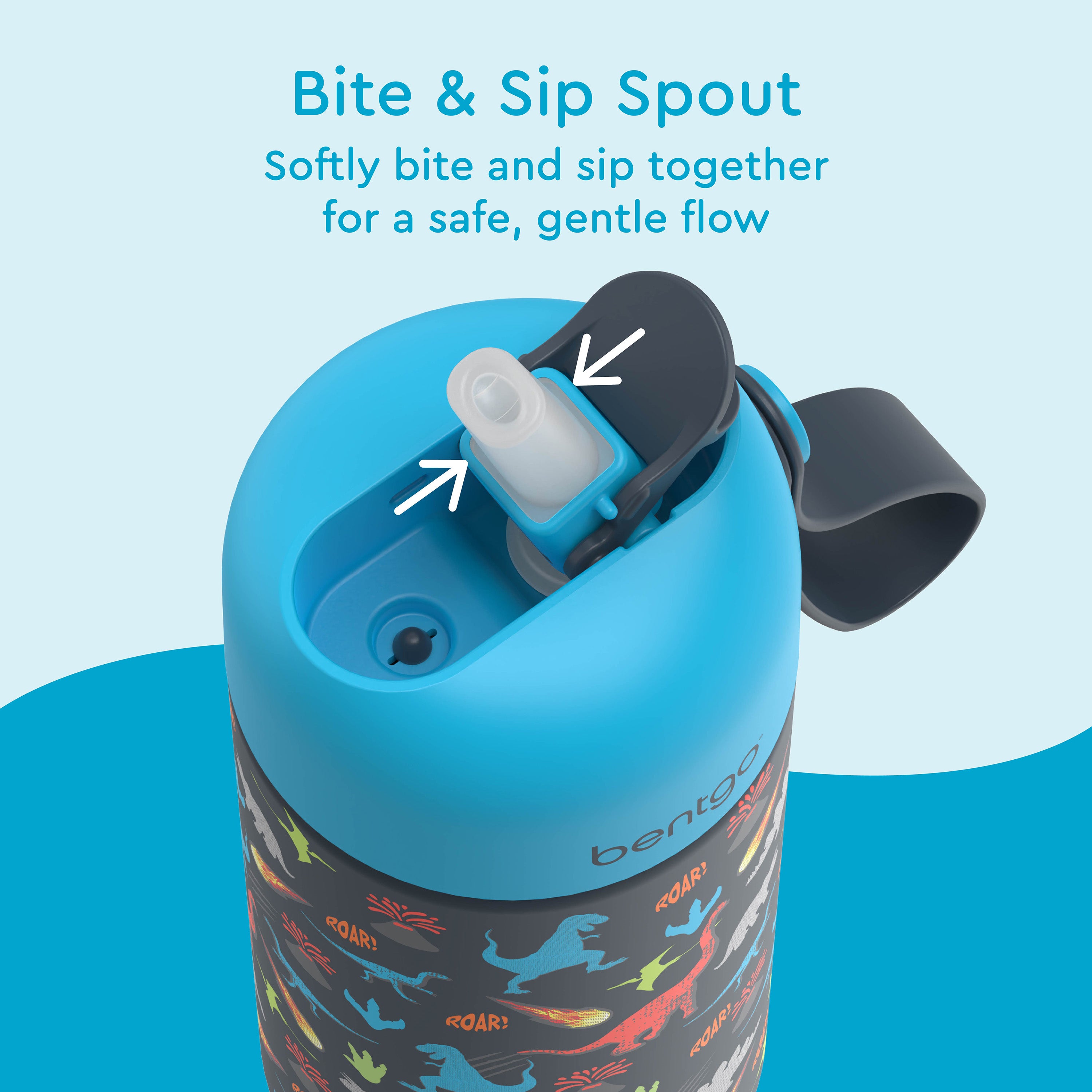 Bentgo® Kids Stainless Steel Insulated Water Bottle - Dinosaur | Bite & Sip Spout - Softly Bite And Sip Together For A Safe, Gentle Flow