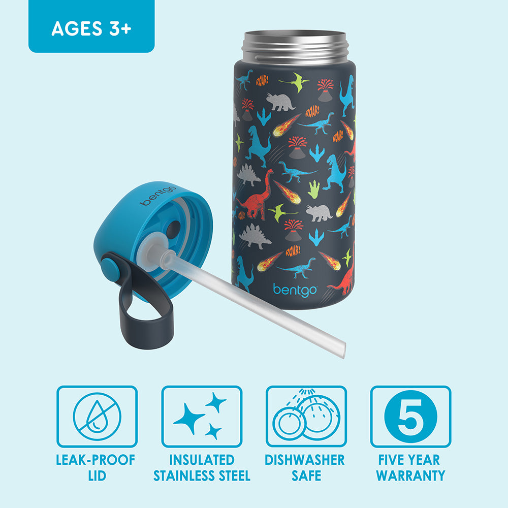 Bentgo® Kids Stainless Steel Insulated Water Bottle - Dinosaur | Water Bottle Features Include Leak-Proof Lid, Insulated Stainless Steel, Dishwasher Safe, And A 5-Year Warranty