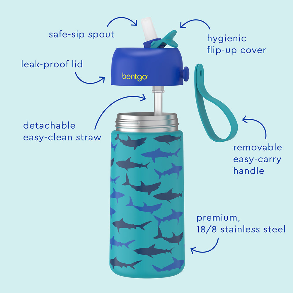 Bentgo® Kids Stainless Steel Insulated Water Bottle - Sharks | Water Bottle Features Safe-Sip Spout, Leak-Proof Lid, Premium, 18/8 Stainless Steel And Much More