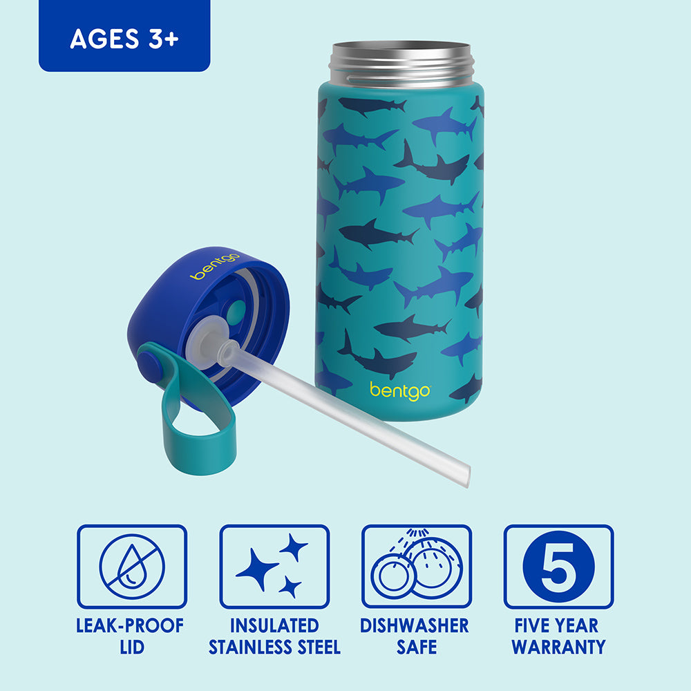 Bentgo® Kids Stainless Steel Insulated Water Bottle - Sharks | Water Bottle Features Include Leak-Proof Lid, Insulated Stainless Steel, Dishwasher Safe, And A 5-Year Warranty