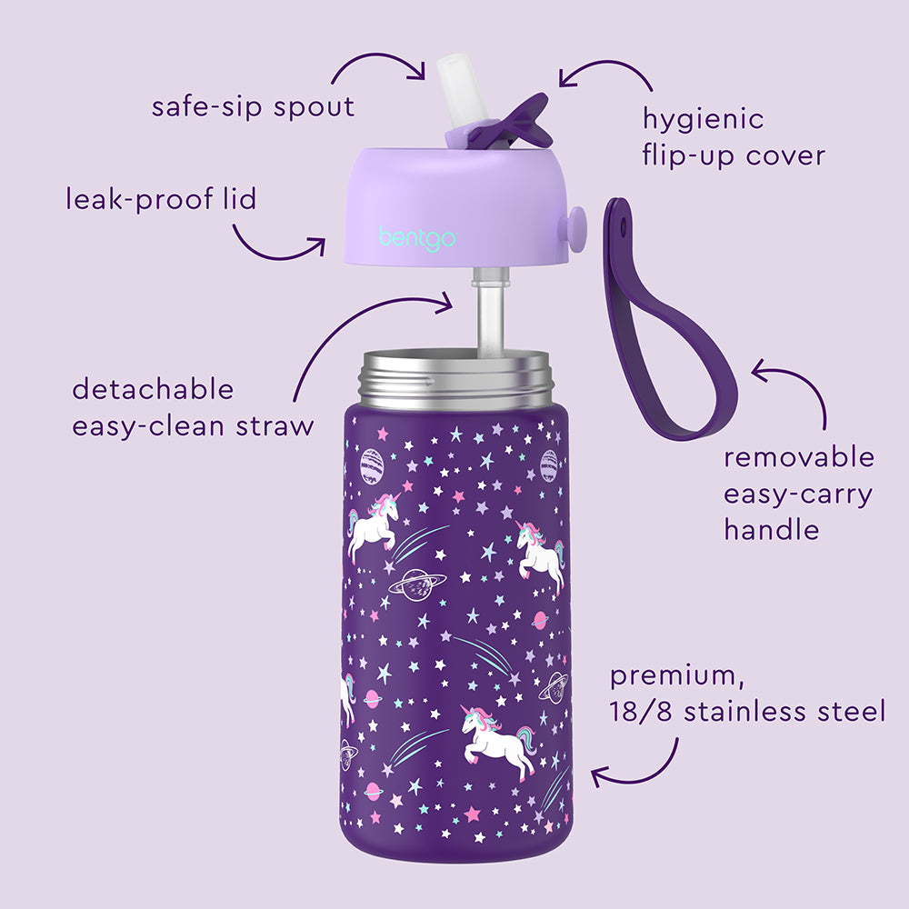 Bentgo® Kids Stainless Steel Insulated Water Bottle - Unicorn | Water Bottle Features Safe-Sip Spout, Leak-Proof Lid, Premium, 18/8 Stainless Steel And Much More