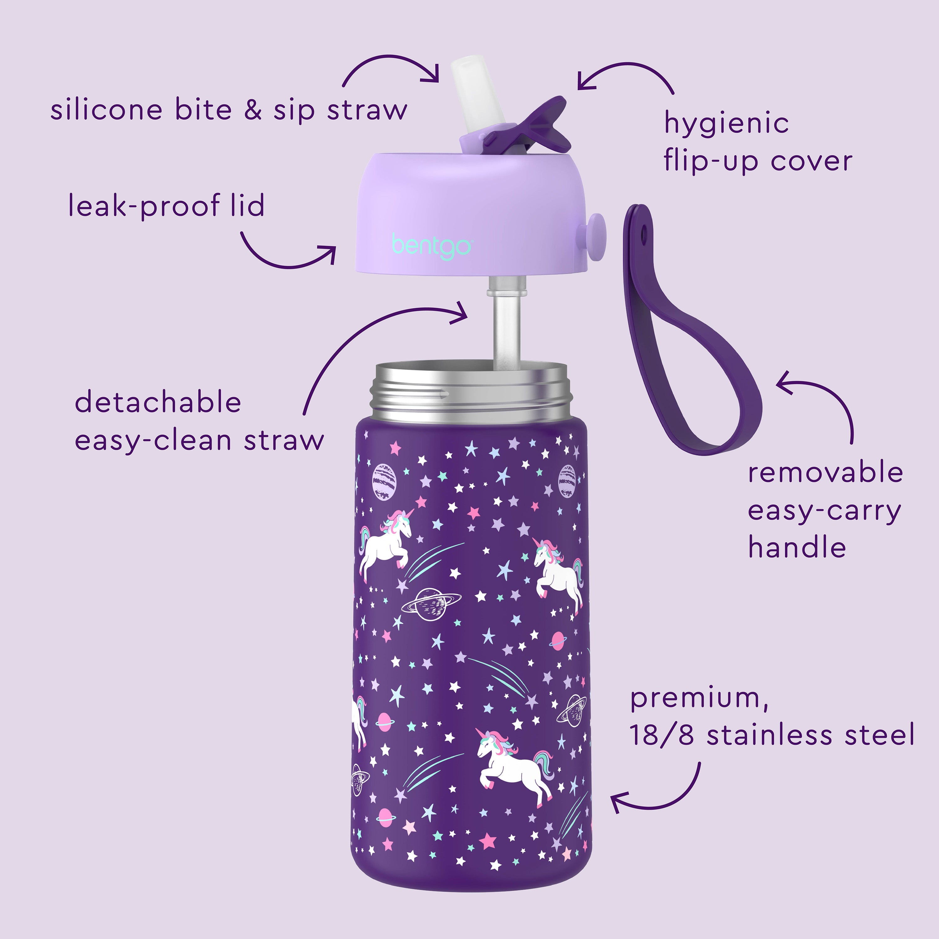 Bentgo® Kids Stainless Steel Insulated Water Bottle - Unicorn | Water Bottle Features Silicone Bite & Sip Straw, Hygienic Flip-Up Cover, Leak-Proof Lid, Premium, 18/8 Stainless Steel And Much More