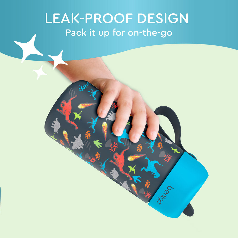 Bentgo® Kids Stainless Steel Insulated Water Bottle (2-Pack)  - Dinosaur/Dino-Mite Blue | Leak-Proof Design - Pack It Up For On-The-Go