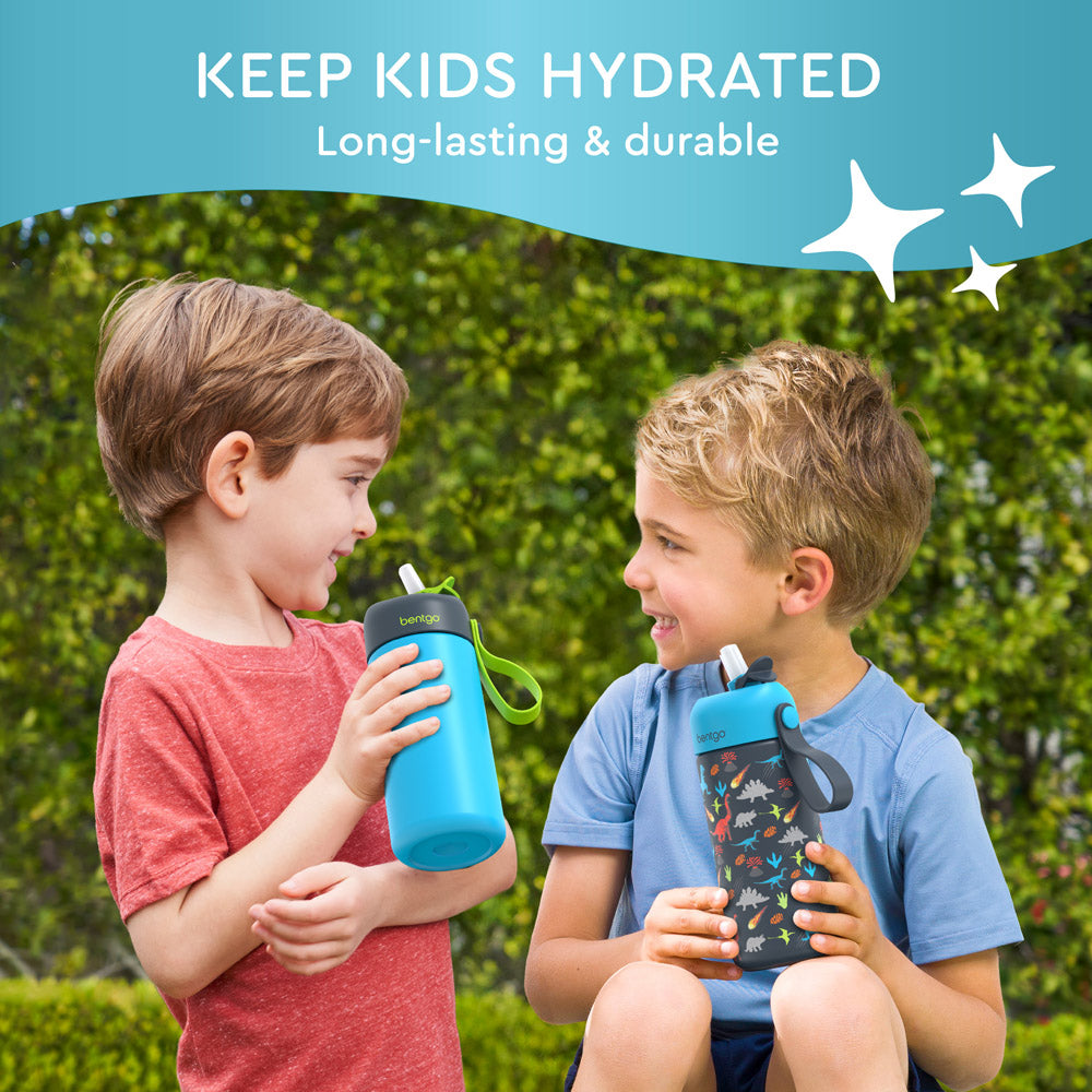 Bentgo® Kids Stainless Steel Insulated Water Bottle (2-Pack)  - Dinosaur/Dino-Mite Blue | Keep Kids Hydrated - Long-Lasting & Durable