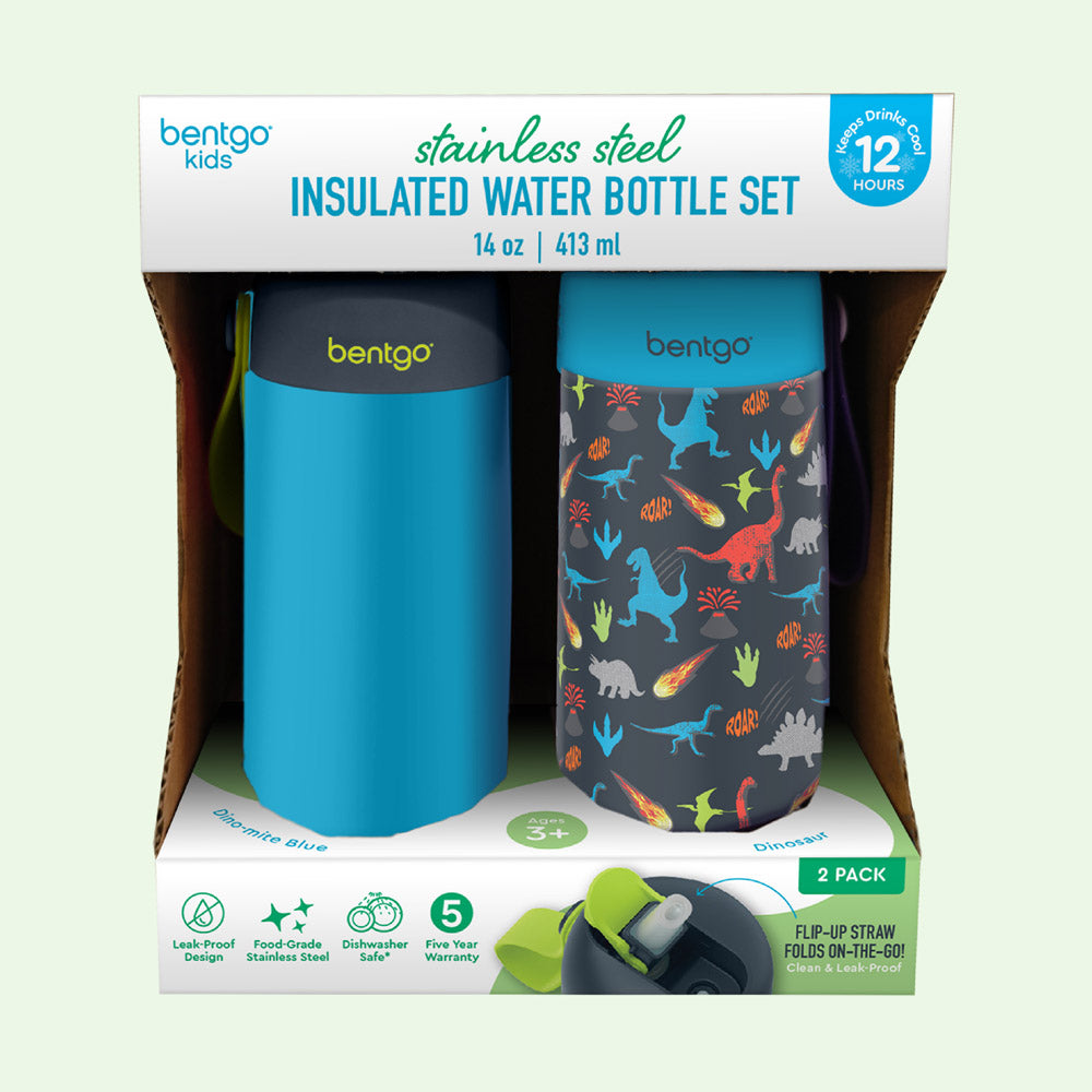 Bentgo® Kids Stainless Steel Insulated Water Bottle (2-Pack)  - Dinosaur/Dino-Mite Blue | Packaging