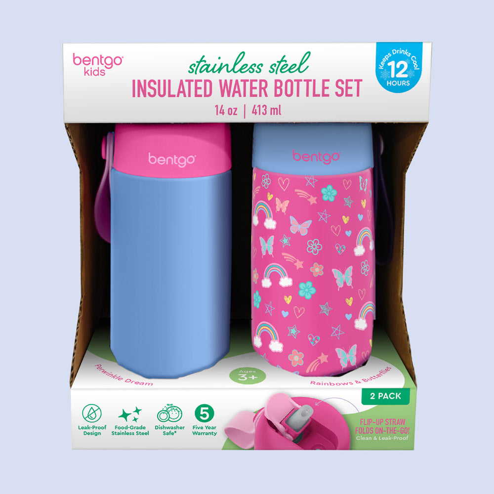 Bentgo® Kids Stainless Steel Insulated Water Bottle (2-Pack)  - Rainbows/Periwinkle | Packaging