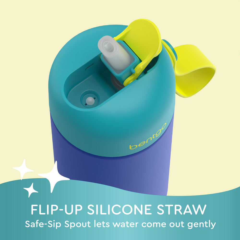 Bentgo® Kids Stainless Steel Insulated Water Bottle (2-Pack)  - Shark/Teal Fin | Flip-Up Silicone Straw - Safe-Sip Spout Lets Water Come Out Gently