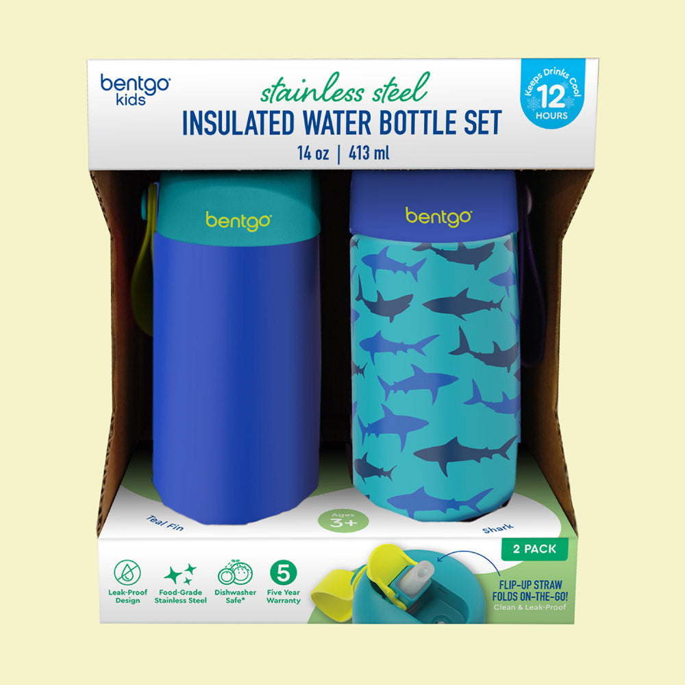 Bentgo® Kids Stainless Steel Insulated Water Bottle (2-Pack)  - Shark/Teal Fin | Packaging