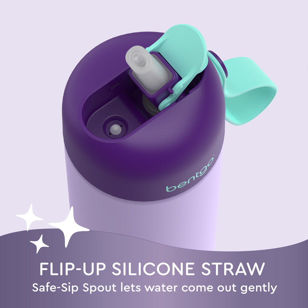 Bentgo® Kids Stainless Steel Insulated Water Bottle (2-Pack)  - Unicorn/Lavender Sky | Flip-Up Silicone Straw - Safe-Sip Spout Lets Water Come Out Gently