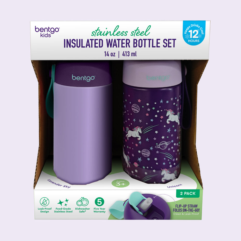 Bentgo® Kids Stainless Steel Insulated Water Bottle (2-Pack)  - Unicorn/Lavender Sky | Packaging