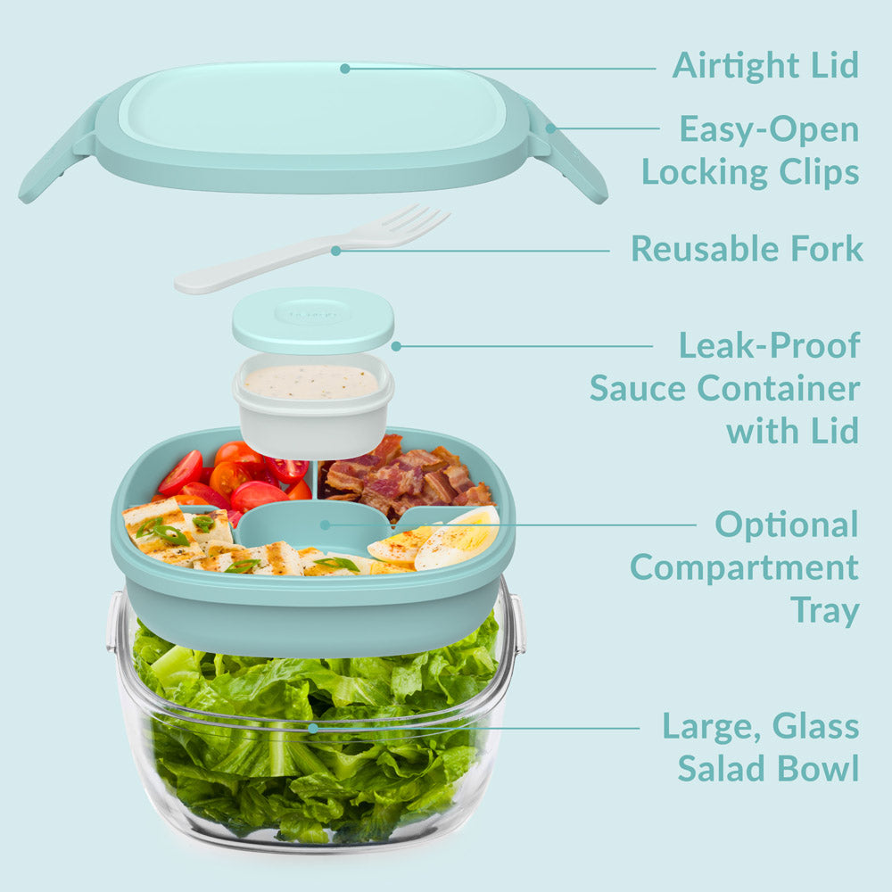 Bentgo® Glass Salad Container - Coastal Seaglass | Salad Container Contains An Airtight Lid, Easy-Open Locking Clips, Reusable Fork, Leak-Proof Sauce Container With Lid, Optional Compartment Tray, And Large, Glass Salad Bowl