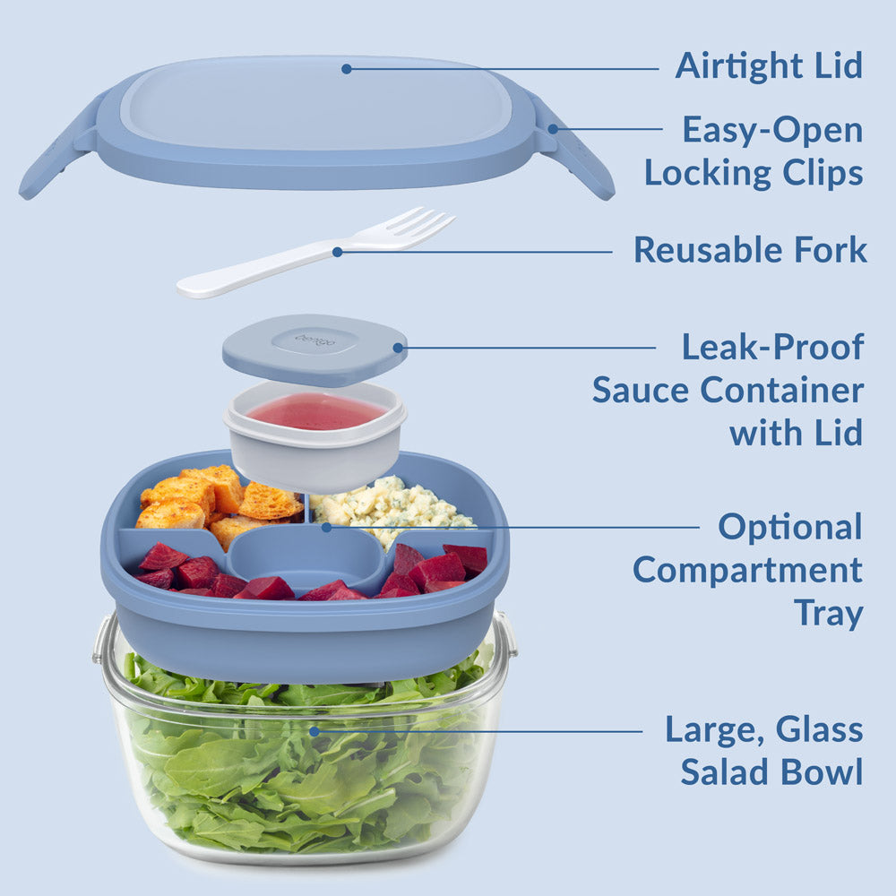 Bentgo® Glass Salad Container - Light Blue | Salad Container Contains An Airtight Lid, Easy-Open Locking Clips, Reusable Fork, Leak-Proof Sauce Container With Lid, Optional Compartment Tray, And Large, Glass Salad Bowl