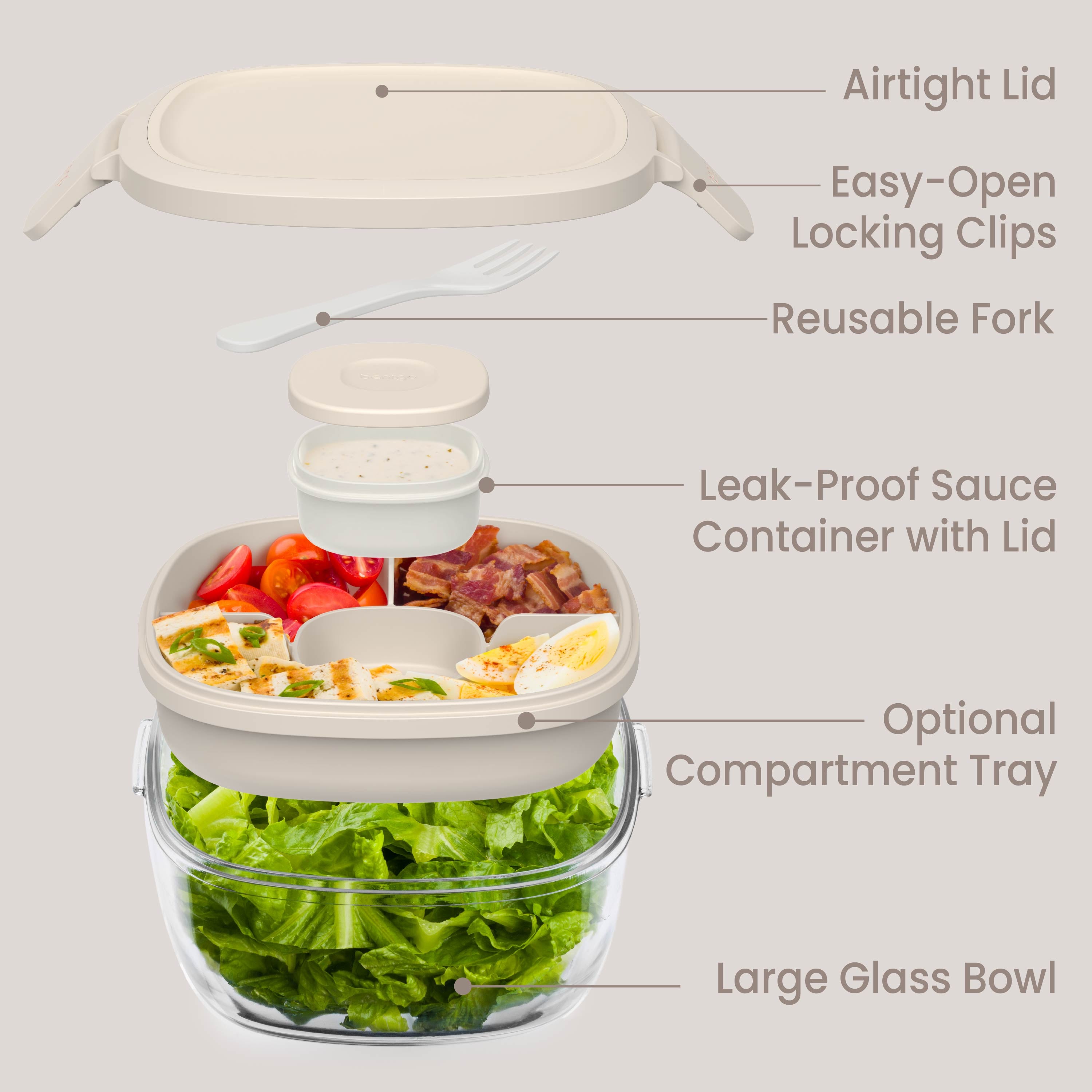 Bentgo® Glass Salad Container - White Stone Tan | Salad Container Contains An Airtight Lid, Easy-Open Locking Clips, Reusable Fork, Leak-Proof Sauce Container With Lid, Optional Compartment Tray, And Large Glass Bowl