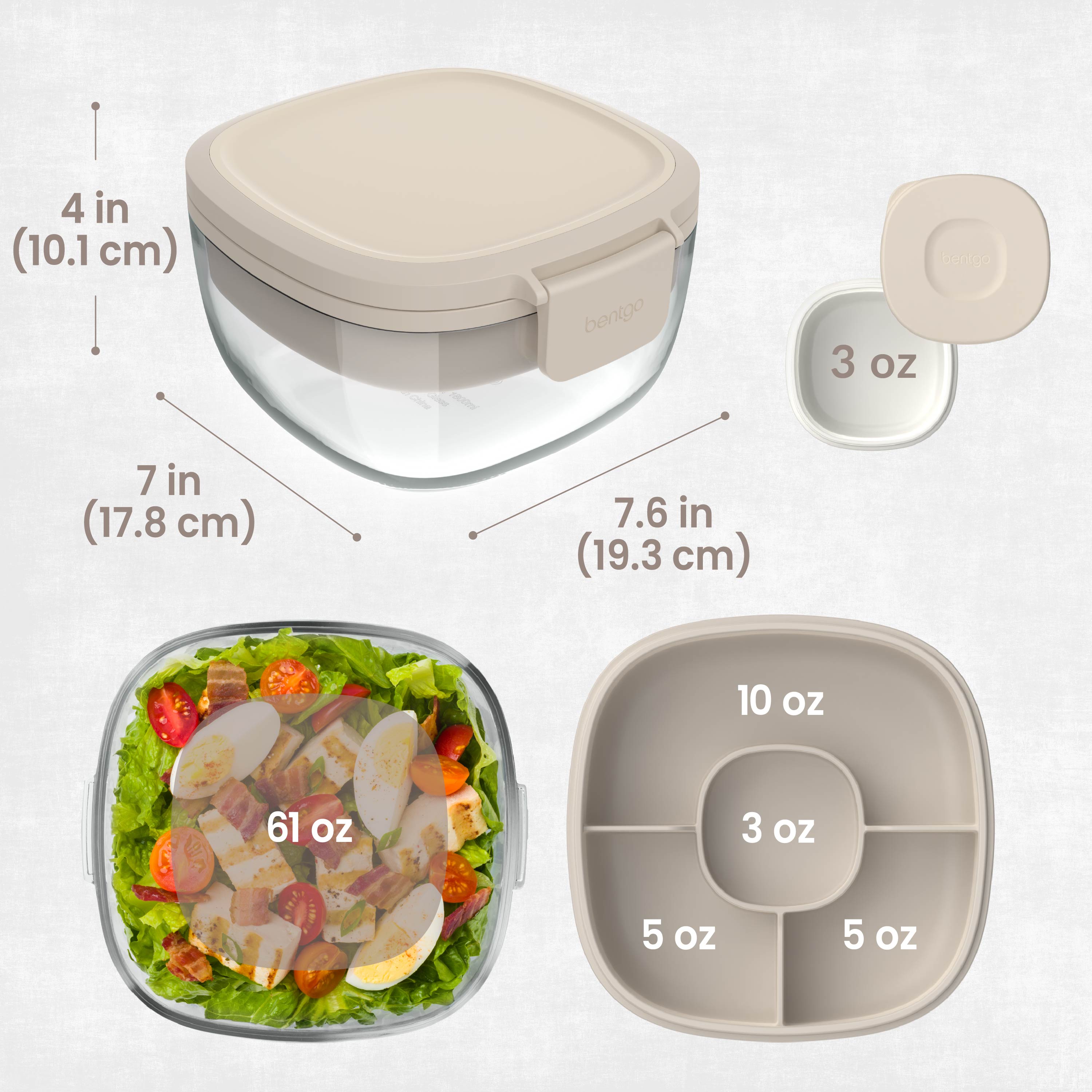 Bentgo® Glass Salad Container - White Stone Tan | Salad Container Dimensions