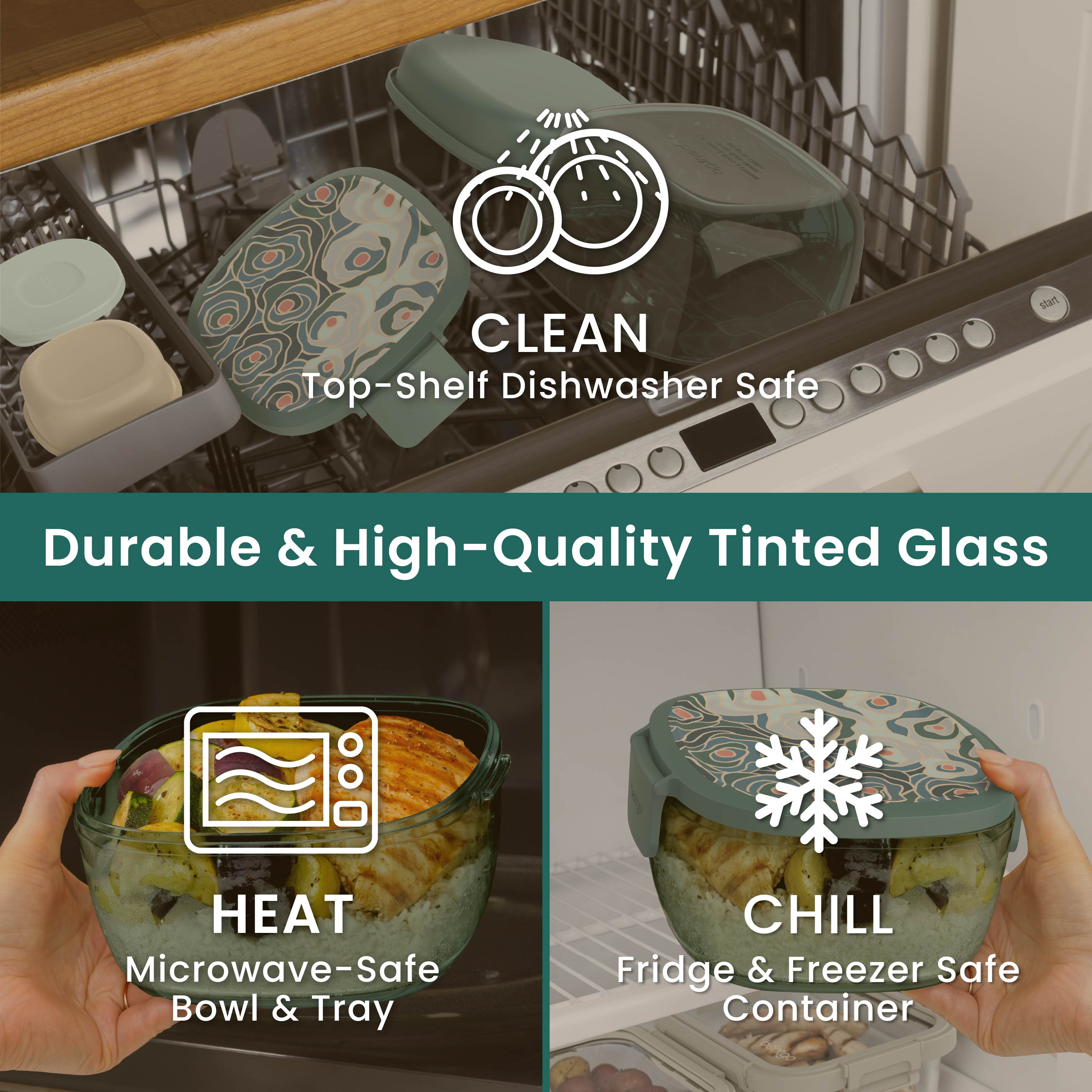 Bentgo® Glass Prints All-in-One Salad Container - Floral Maximalist - Sea | Durable & High-Quality Tinted Glass. Microwave Safe, Fridge & Freezer Safe And Dishwasher Safe