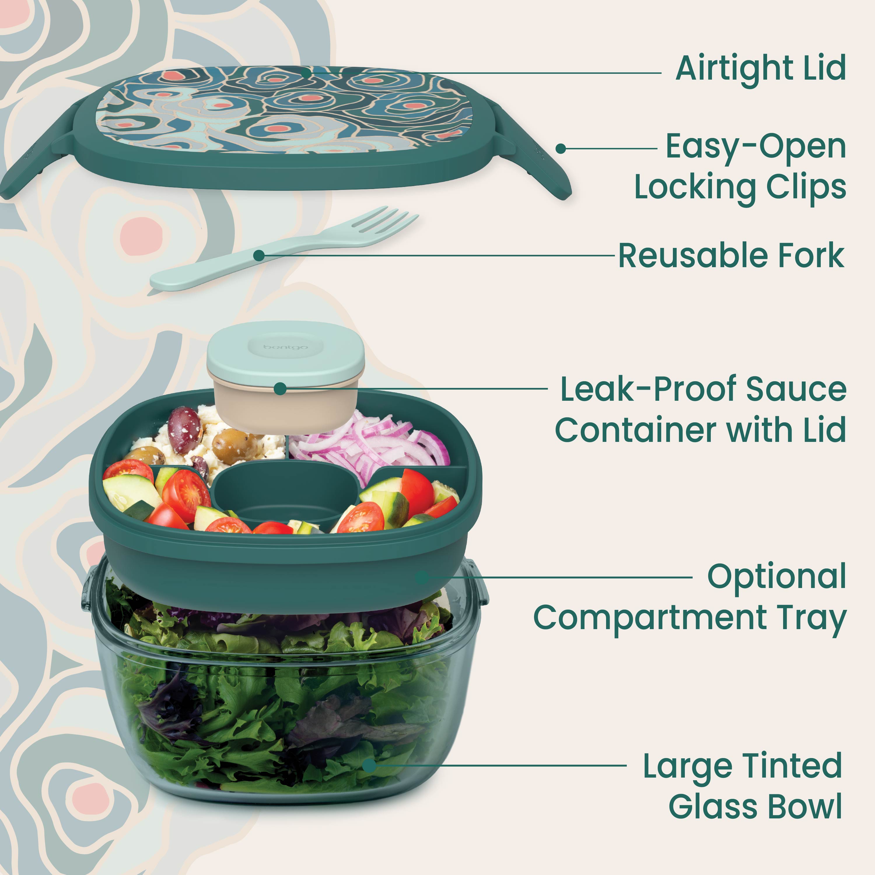 Bentgo® Glass Prints All-in-One Salad Container - Floral Maximalist - Sea | Salad Container Contains An Airtight Lid With Designer Print, Easy-Open Locking Clips, Reusable Fork, Leak-Proof Sauce Container With Lid, Optional Compartment Tray, And Large Tinted Glass Bowl