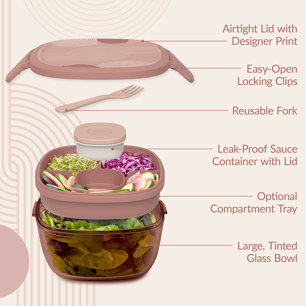 Bentgo® Glass Prints All-in-One Salad Container - Mod Curve - Desert Rose | Salad Container Contains An Airtight Lid With Designer Print, Easy-Open Locking Clips, Reusable Fork, Leak-Proof Sauce Container With Lid, Optional Compartment Tray, And Large, Glass Salad Bowl