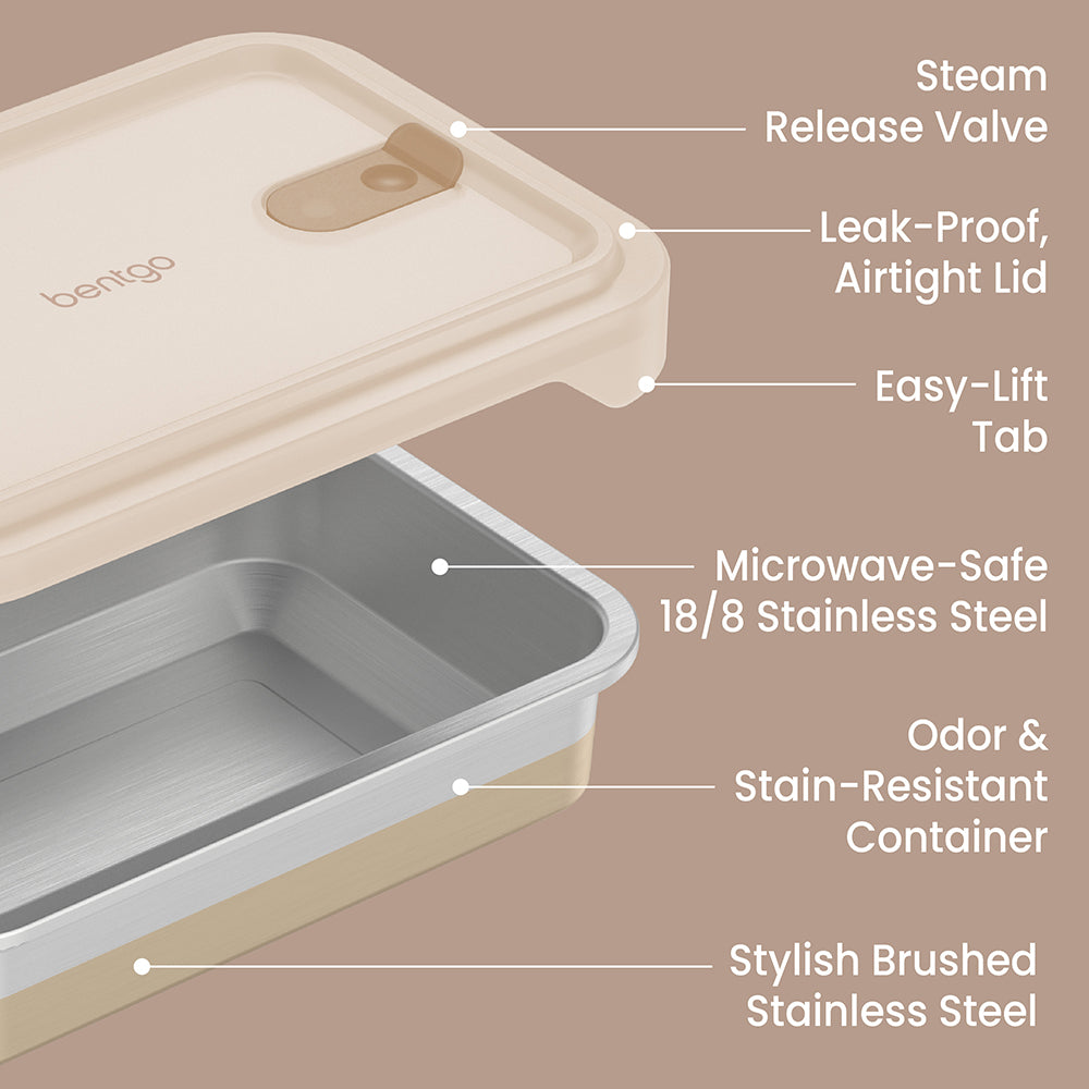 Bentgo® MicroSteel Heat & Eat Container - Dinner Size 5.5 Cups - Gold | Steam Release Valve, Leak-Proof Airtight Lid, Easy-Lift Tab, Microwave-Safe 18/8 Stainless Steel, Odor & Stain-Resistant Container, And Stylish Brushed Stainless Steel
