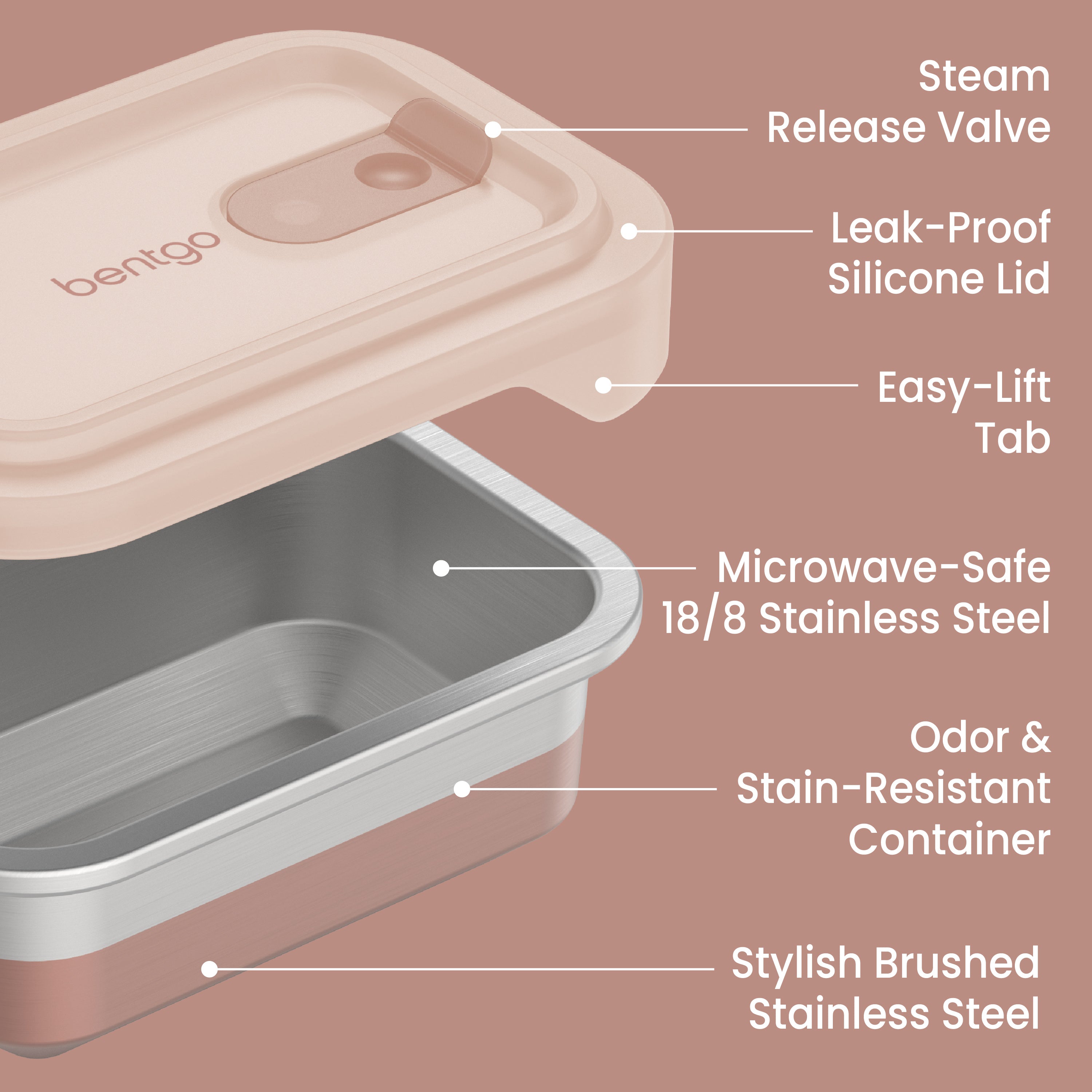 Bentgo® MicroSteel Heat & Eat Container - Snack Size 2 Cups - Rose | Steam Release Valve, Leak-Proof Silicone Lid, Easy-Lift Tab, Microwave-Safe 18/8 Stainless Steel, Odor & Stain-Resistant Container, And Stylish Brushed Stainless Steel