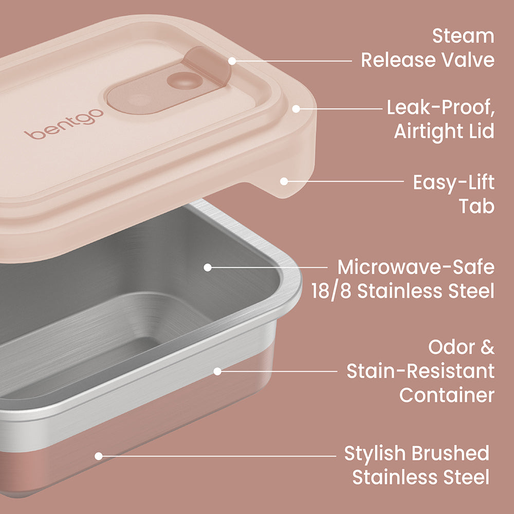 Bentgo® MicroSteel Heat & Eat Container - Snack Size 2 Cups - Rose | Steam Release Valve, Leak-Proof Airtight Lid, Easy-Lift Tab, Microwave-Safe 18/8 Stainless Steel, Odor & Stain-Resistant Container, And Stylish Brushed Stainless Steel