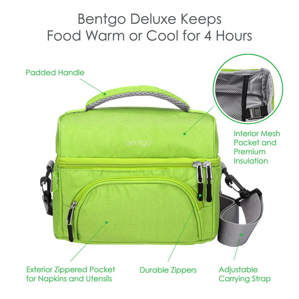 Bentgo Deluxe Lunch Bag in Green. Bentgo Deluxe keeps food warm or cool for 4 hours.