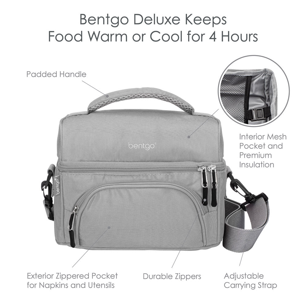 Bentgo Deluxe Lunch Bag in Gray. Bentgo Deluxe keeps food warm or cool for 4 hours.