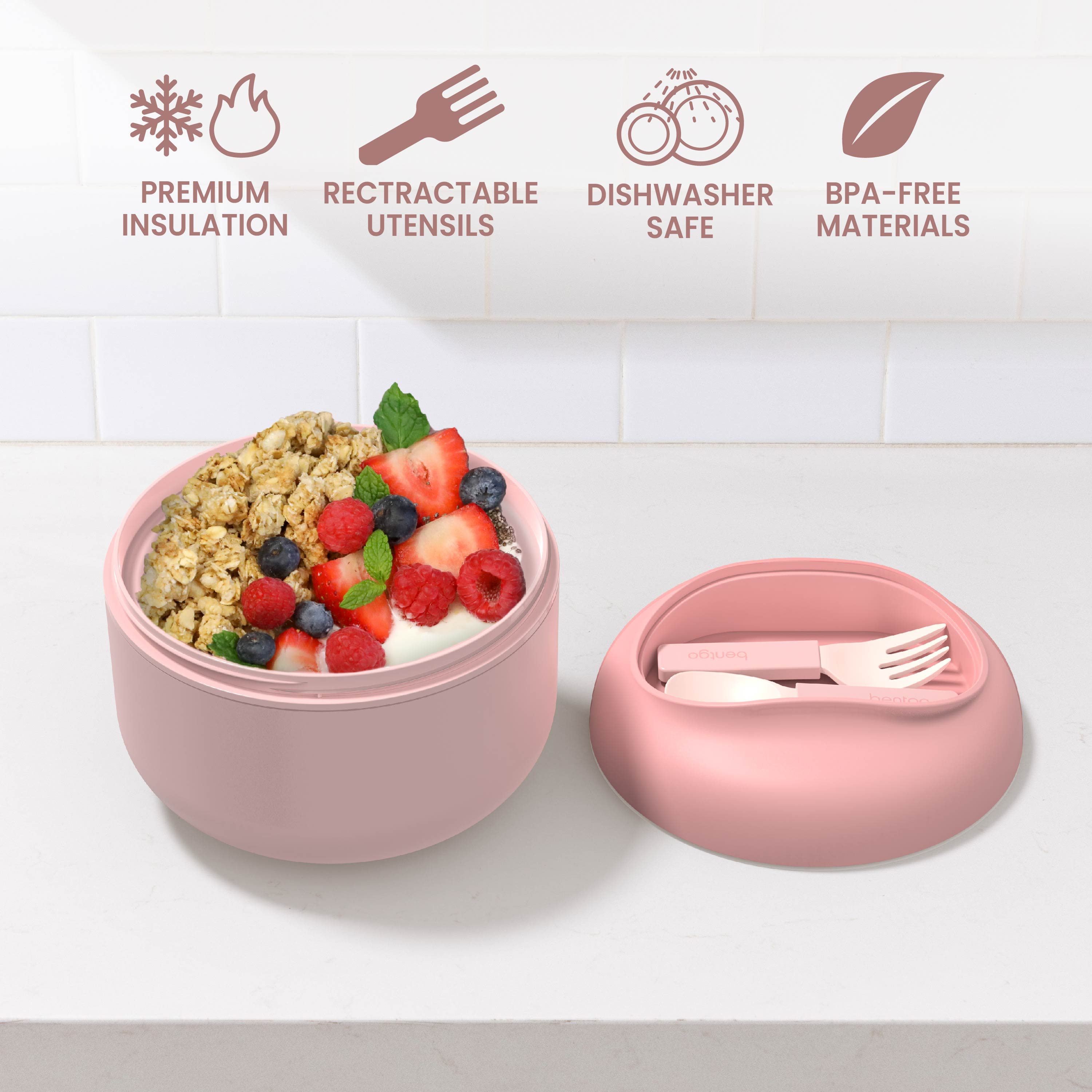 Bentgo® Bowl - Blush | Premium Insulation, Retractable Utensils, Dishwasher Safe, And BPA-Free Materials