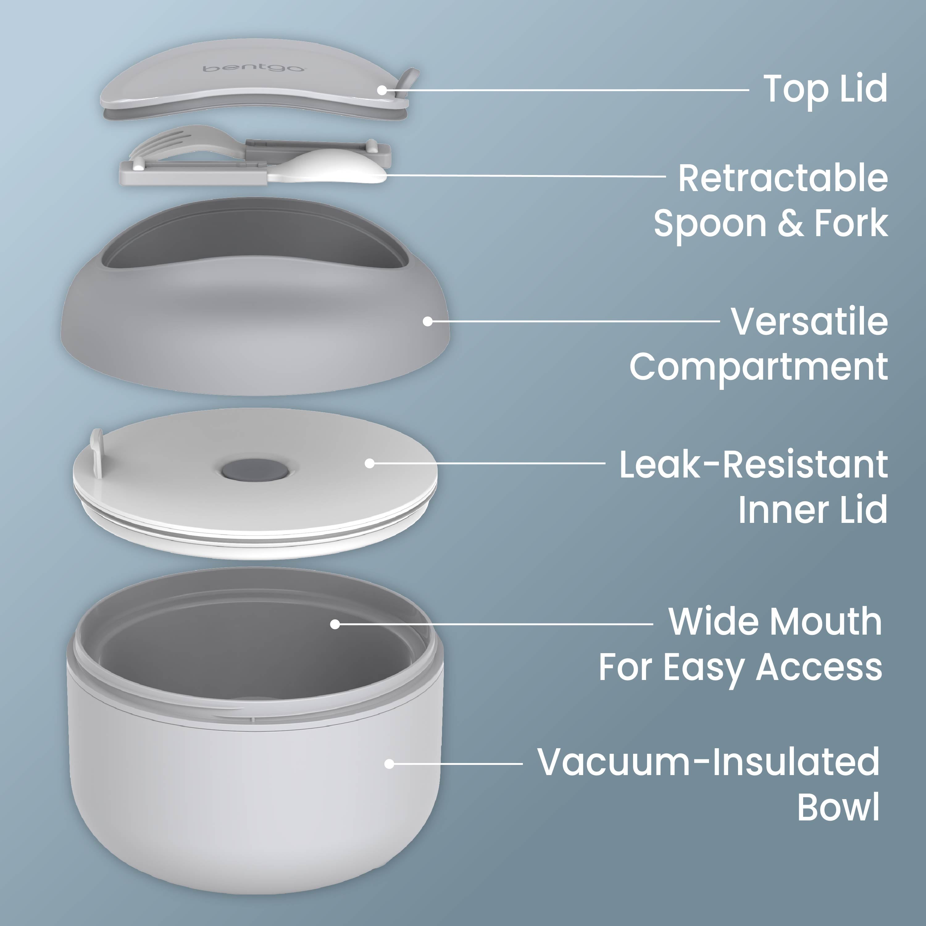 Bentgo® Bowl (2-Pack) - Gray | Top Lid, Retractable Spoon & Fork, Versatile Compartment, Wide Mouth For Easy Access, Leak-Resistant Inner Lid, And Vacuum-Insulated Bowl