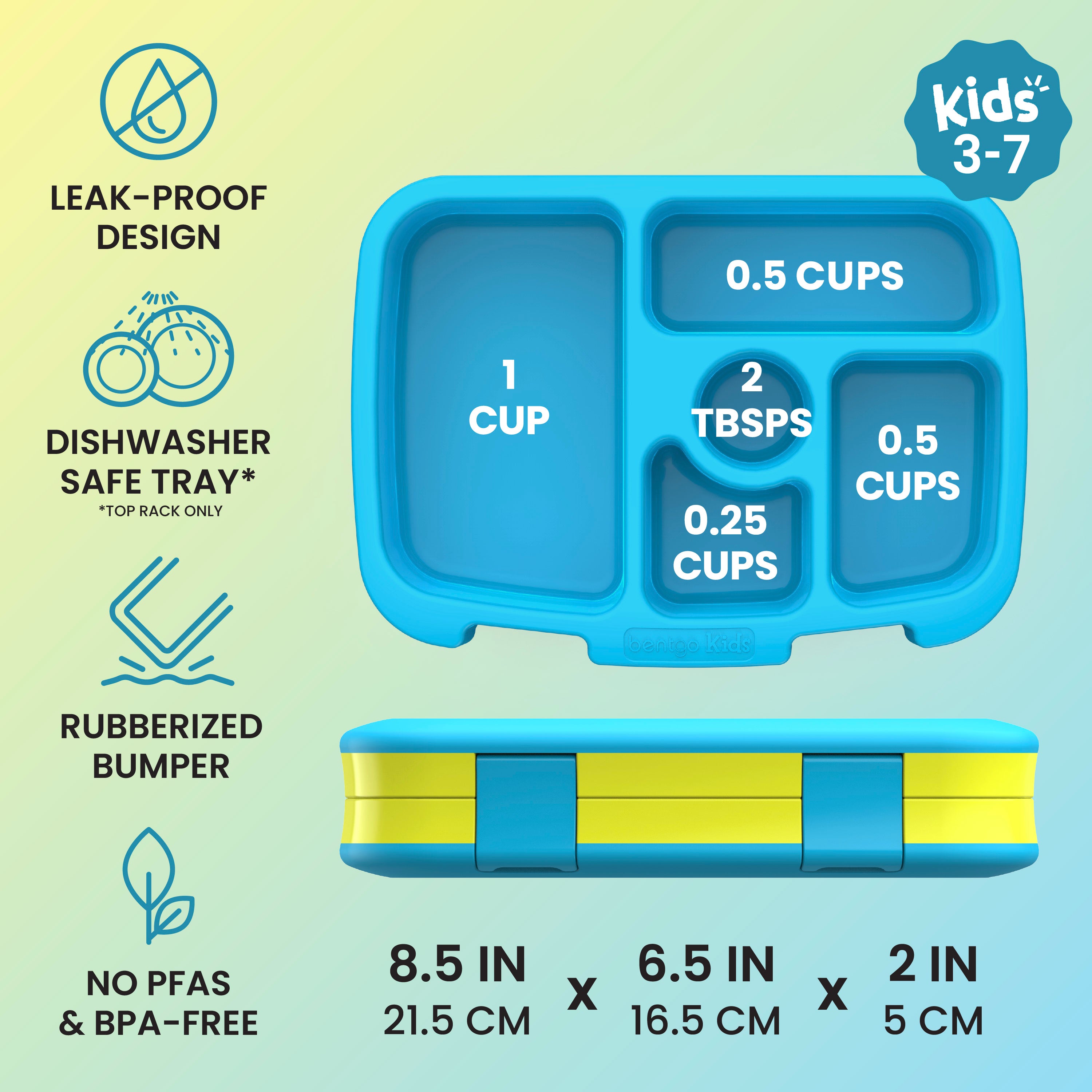 Bentgo® Kids Lunch Box - 
Citrus Yellow | Kids 3-7 | Leak-Proof Design, Dishwasher Safe Tray (Top-Rack Only), Rubberized Bumper, and No PFAS & BPA-Free | Product Dimensions