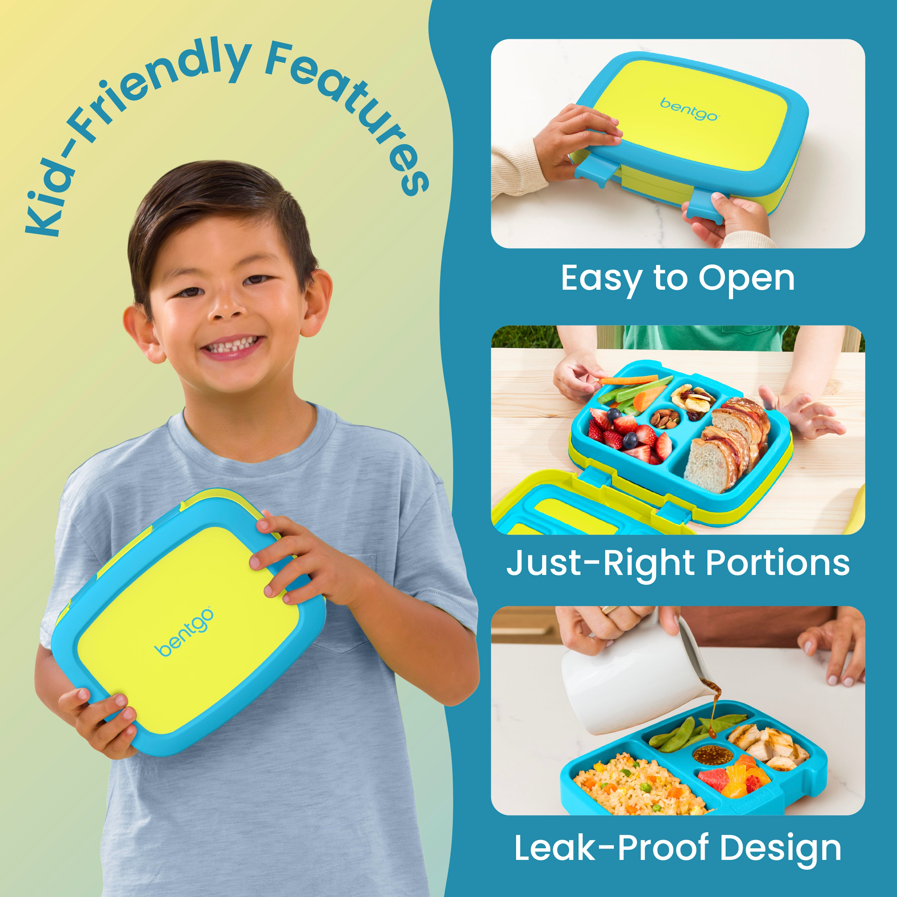 Bentgo® Kids Lunch Box - 
Citrus Yellow | Kids 3-7 | Leak-Proof Design, Dishwasher Safe Tray (Top-Rack Only), Rubberized Bumper, and No PFAS & BPA-Free | Product Dimensions
