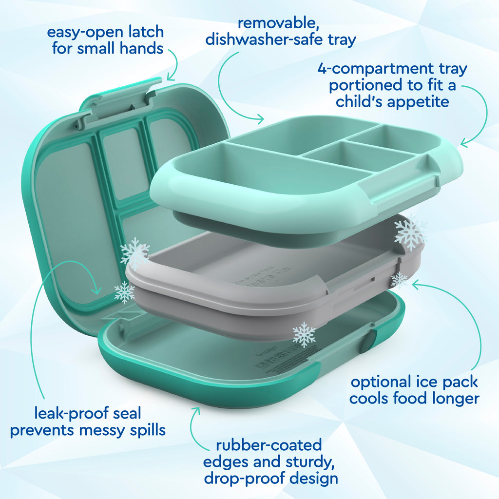 Bentgo® Kids Chill Lunch Box  - Aqua | Easy-Open Latch For Small Hands, Removable, Dishwasher-Safe Tray, 4-Compartment Tray Portioned To Fit A Child’s Appetite, Leak-Proof Seal Prevents Messy Spills, Optional Ice Pack Cools Food Longer, Rubber-Coated Edges And Sturdy, Drop-Proof Design