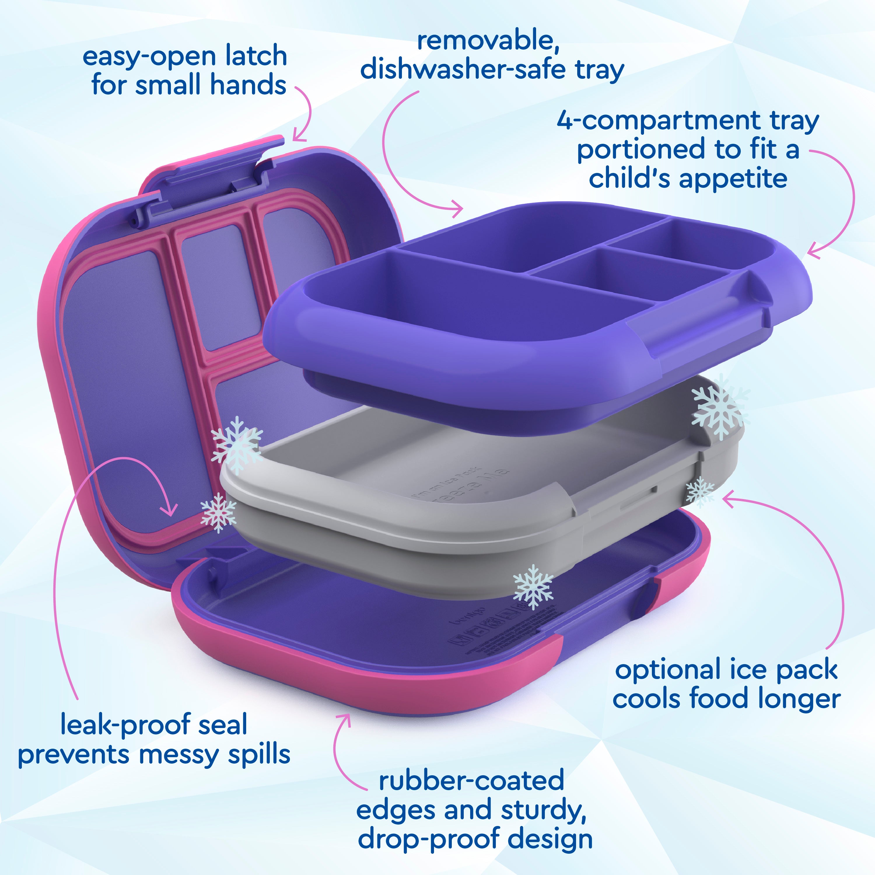 Bentgo® Chill Kids Lunch Box  - Electric Violet | Easy-Open Latch For Small Hands, Removable, Dishwasher-Safe Tray, 4-Compartment Tray Portioned To Fit A Child’s Appetite, Leak-Proof Seal Prevents Messy Spills, Optional Ice Pack Cools Food Longer, Rubber-Coated Edges And Sturdy, Drop-Proof Design