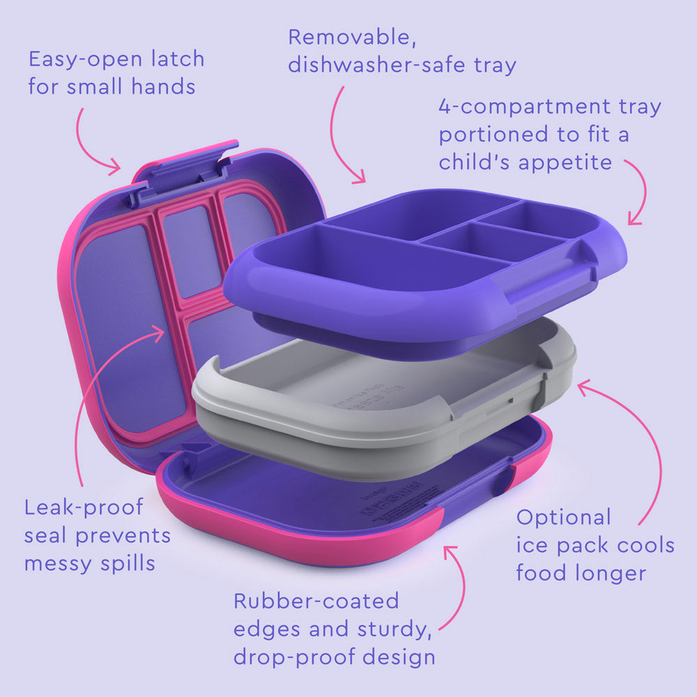 Bentgo® Kids Chill Lunch Box - Electric Violet | Kids Lunch Box Features Include Easy To Open And Close Latches, Leak-Proof Technology Keeps Lunch Fresh And Mess-Free, And Rubber-Coated Edges And Sturdy, Drop-Proof Design