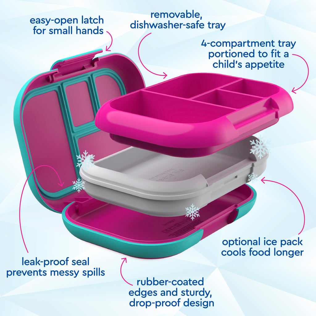 Bentgo® Kids Chill Lunch Box  - Fuchsia/Teal | Easy-Open Latch For Small Hands, Removable, Dishwasher-Safe Tray, 4-Compartment Tray Portioned To Fit A Child’s Appetite, Leak-Proof Seal Prevents Messy Spills, Optional Ice Pack Cools Food Longer, Rubber-Coated Edges And Sturdy, Drop-Proof Design
