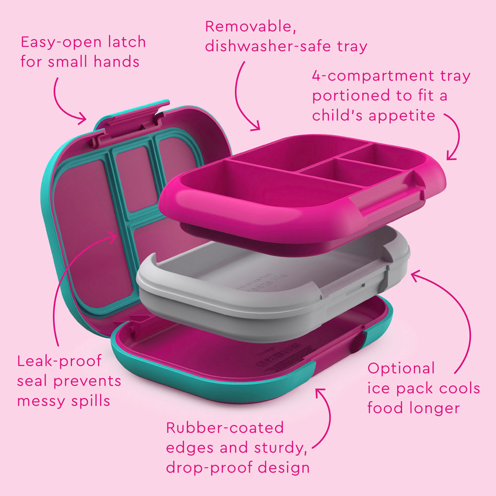 Bentgo® Kids Chill Lunch Box - Fuchsia/Teal | Kids Lunch Box Features Include Easy To Open And Close Latches, Leak-Proof Technology Keeps Lunch Fresh And Mess-Free, And Rubber-Coated Edges And Sturdy, Drop-Proof Design