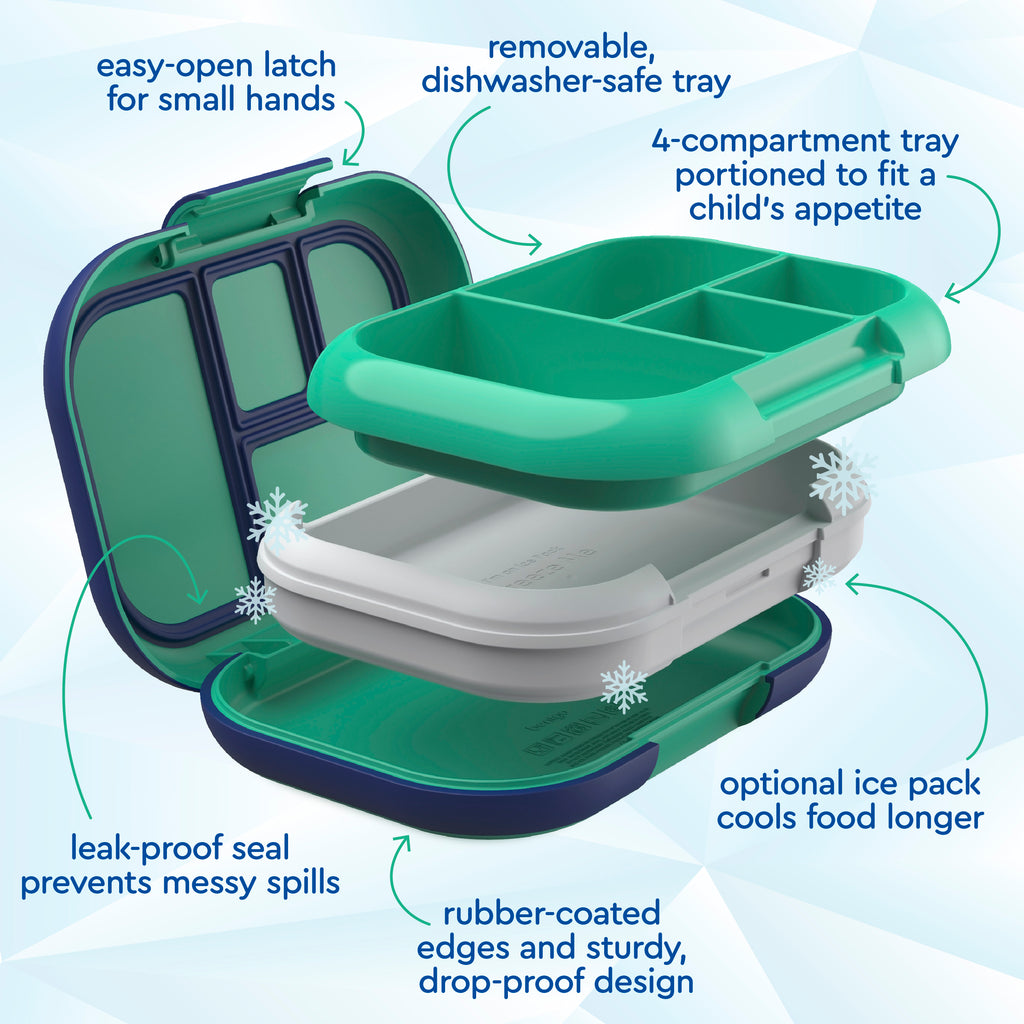 Bentgo® Kids Chill Lunch Box  - Green/Navy | Easy-Open Latch For Small Hands, Removable, Dishwasher-Safe Tray, 4-Compartment Tray Portioned To Fit A Child’s Appetite, Leak-Proof Seal Prevents Messy Spills, Optional Ice Pack Cools Food Longer, Rubber-Coated Edges And Sturdy, Drop-Proof Design