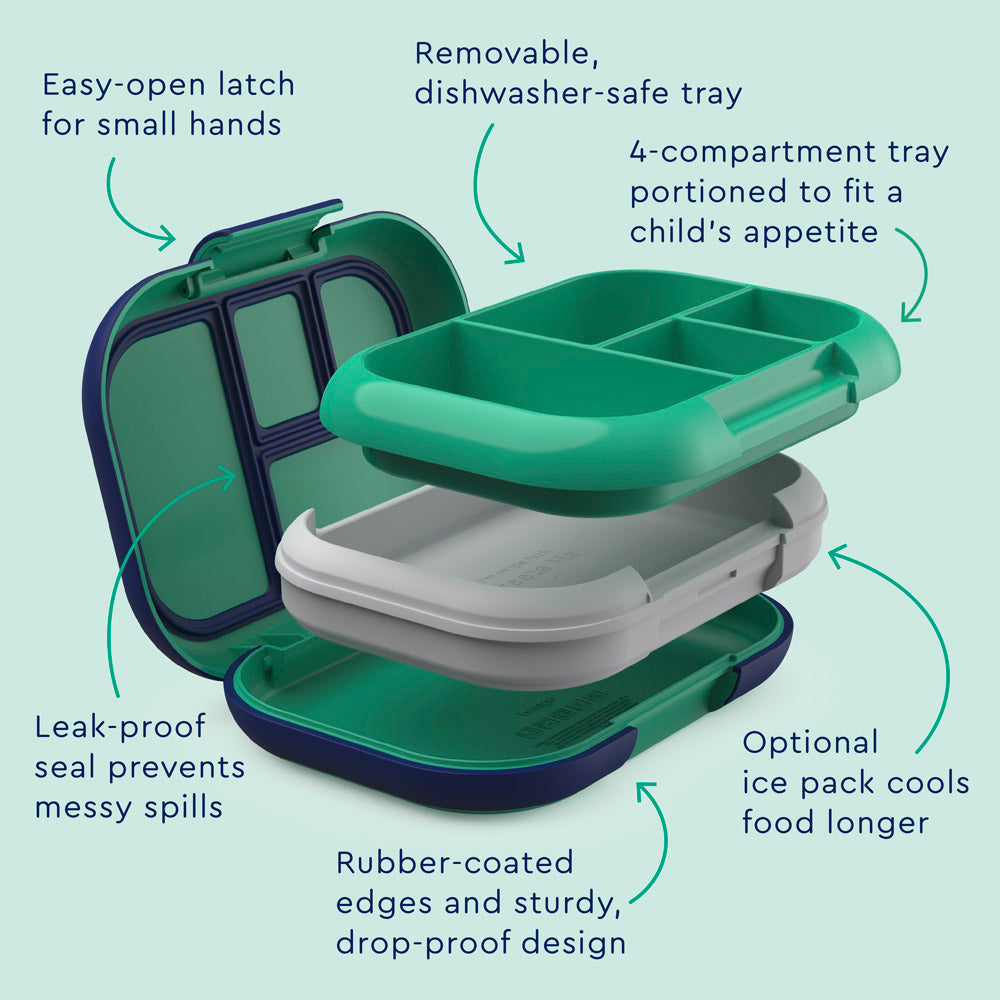 Bentgo® Kids Chill Lunch Box - Green/Navy | Kids Lunch Box Features Include Easy To Open And Close Latches, Leak-Proof Technology Keeps Lunch Fresh And Mess-Free, And Rubber-Coated Edges And Sturdy, Drop-Proof Design